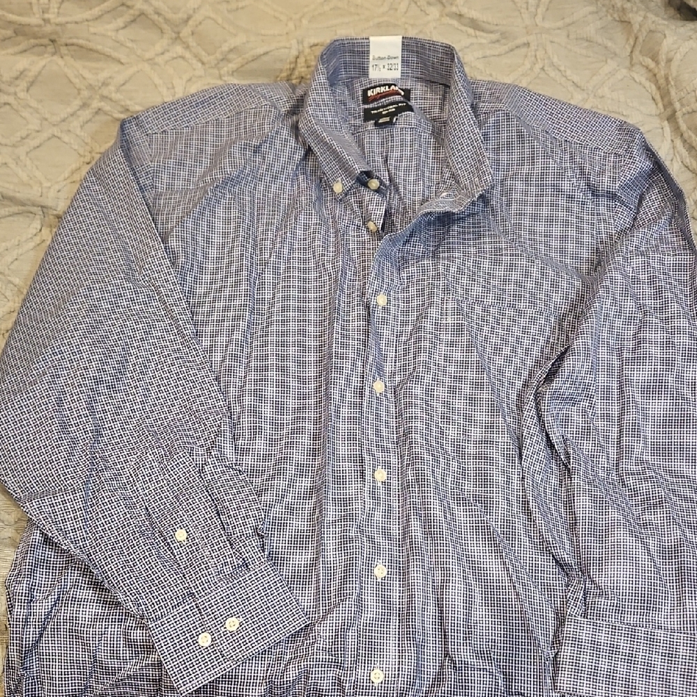 Kirkland Signature Men's Blue and White Plaid Shirt